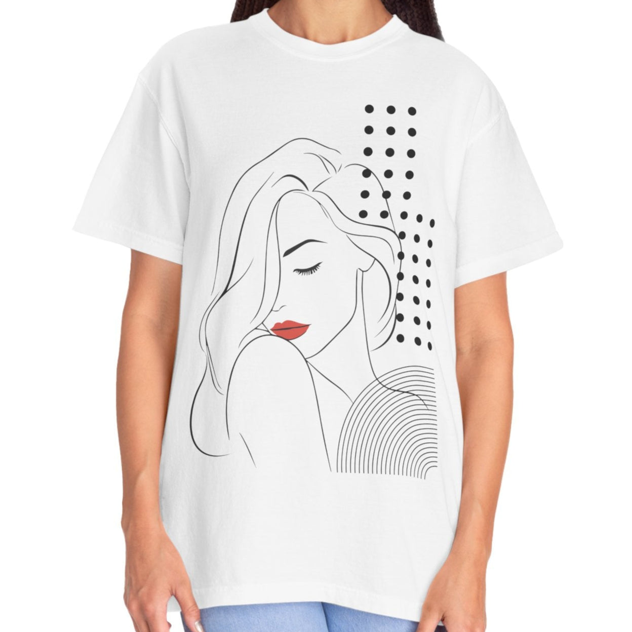Woman wearing a white t-shirt with a graphic design on a white background
