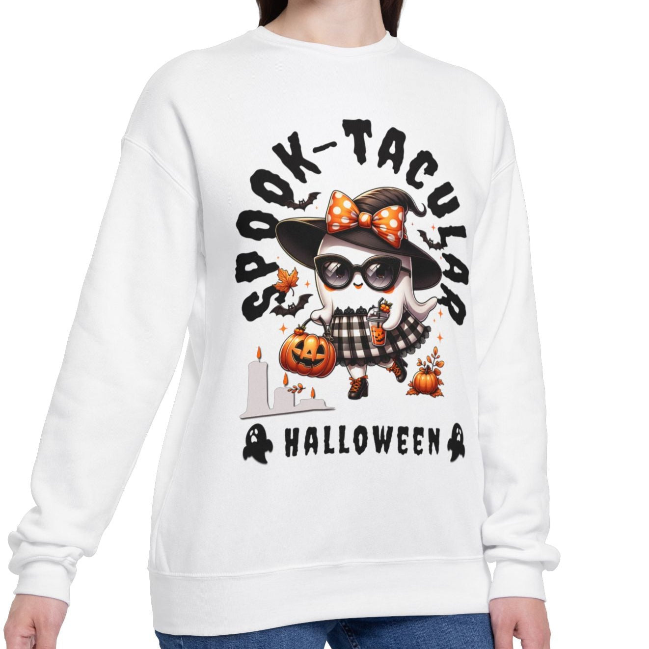 Person wearing a white sweatshirt with Halloween-themed design on a white background