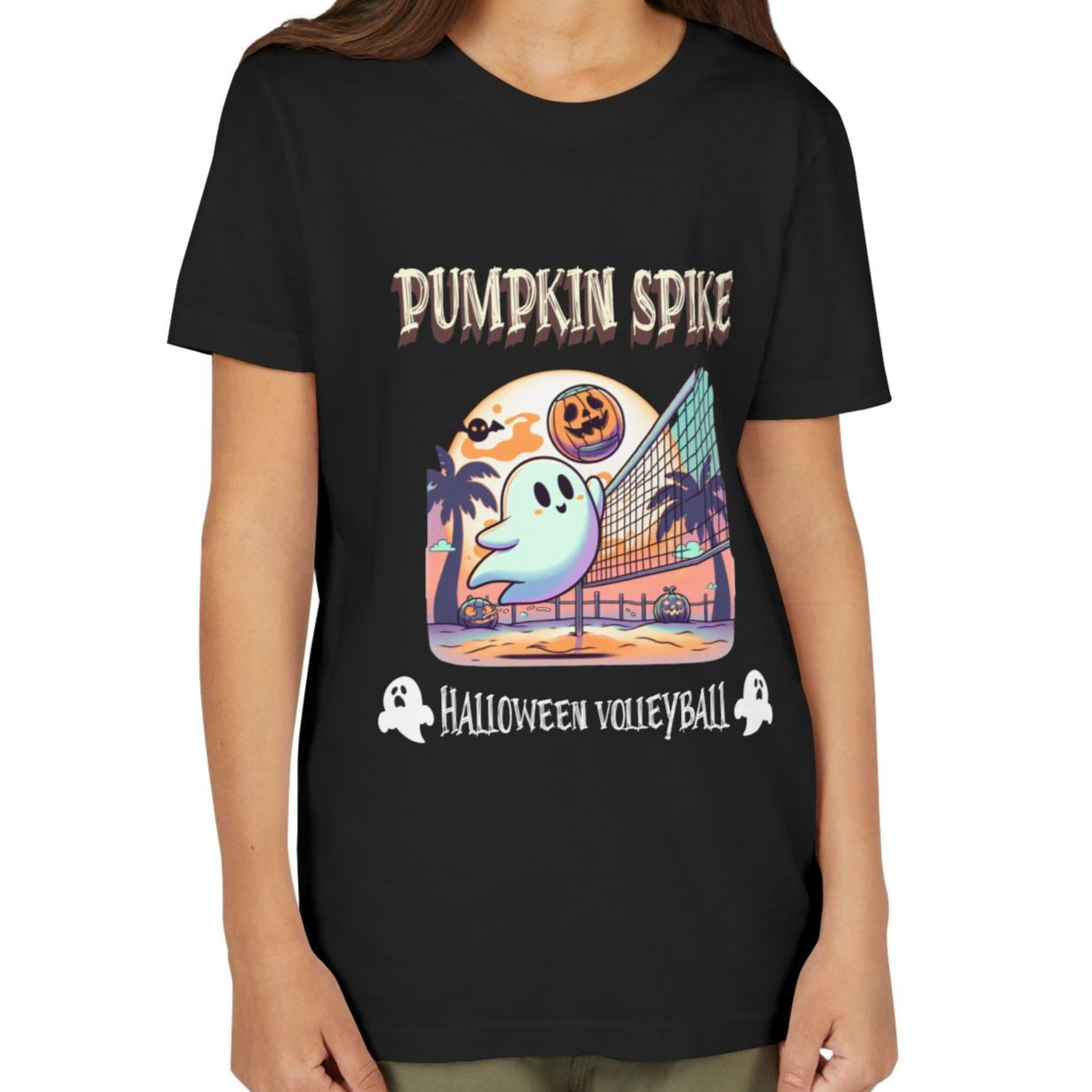 Young girl wearing a black t-shirt with Halloween-themed graphics and text.