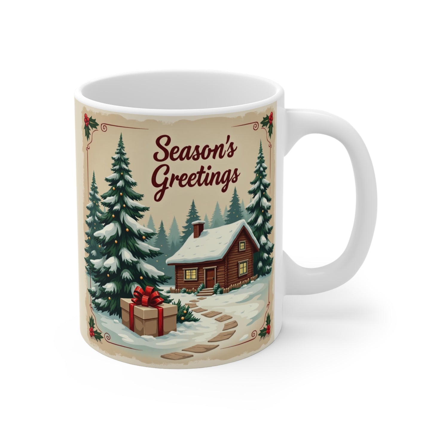 Seasons Greetings Mug — 11oz Holiday Ceramic Coffee Cup