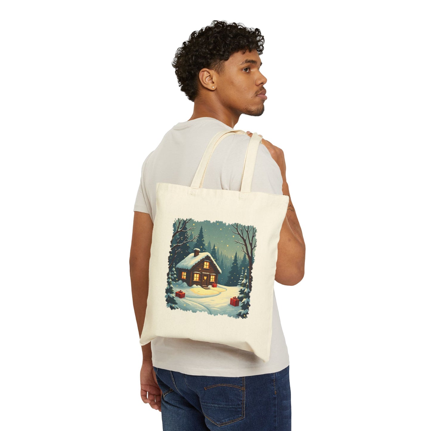 Winter House Cotton Canvas Tote Bag — Cozy Snowy Cottage Design