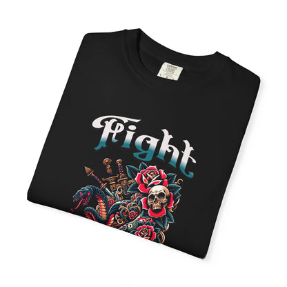 Fight Skull & Roses T-Shirt — Edgy Biker Rock Graphic Tee