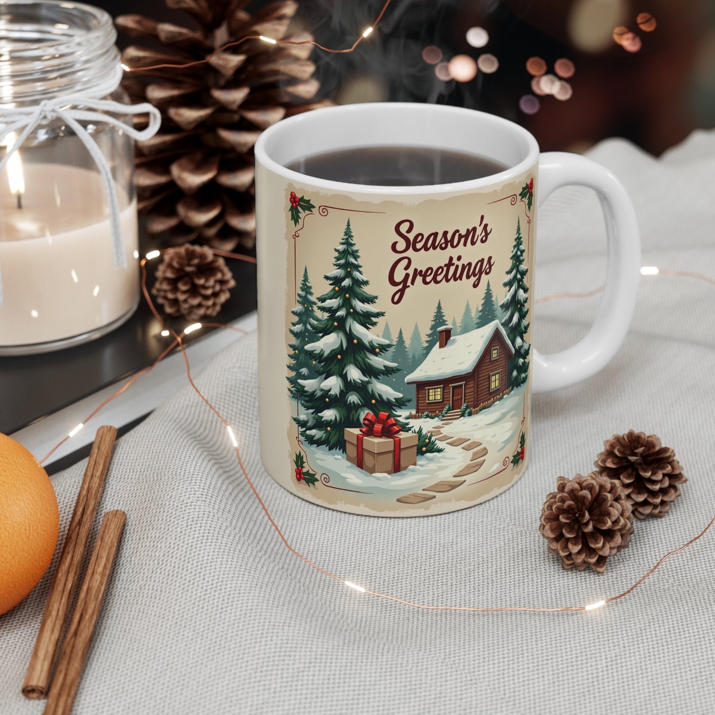 Seasons Greetings Mug — 11oz Holiday Ceramic Coffee Cup