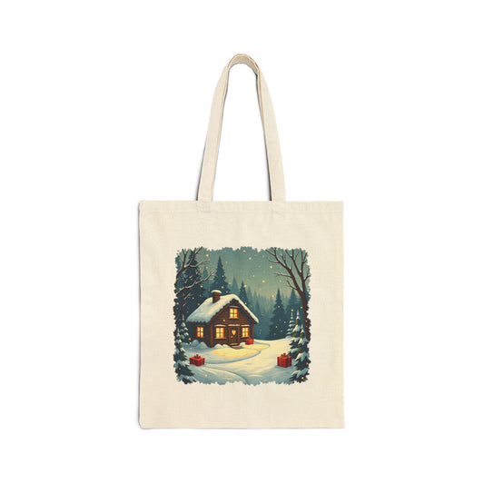 Winter House Cotton Canvas Tote Bag — Cozy Snowy Cottage Design