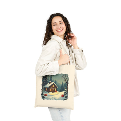 Winter House Cotton Canvas Tote Bag — Cozy Snowy Cottage Design