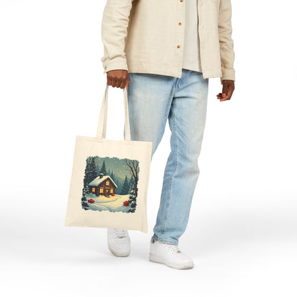 Winter House Cotton Canvas Tote Bag — Cozy Snowy Cottage Design