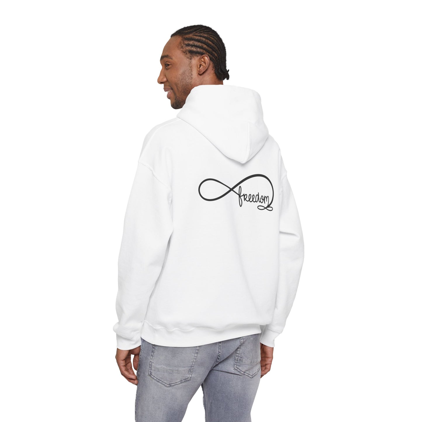 Freedom Infinity Hoodie — Minimal Script Back & Chest Logo