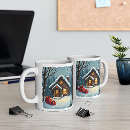 Winter House Ceramic Mug — Cozy Snowy Cabin 11oz Coffee Cup