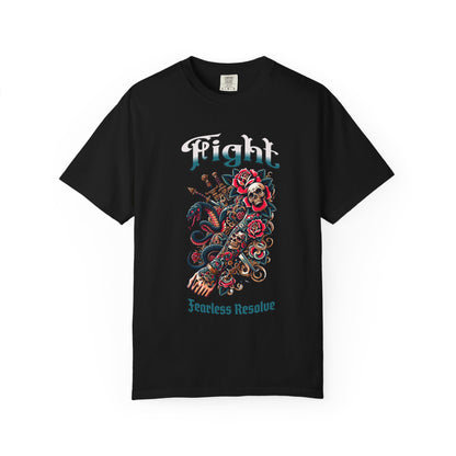 Fight Skull & Roses T-Shirt — Edgy Biker Rock Graphic Tee