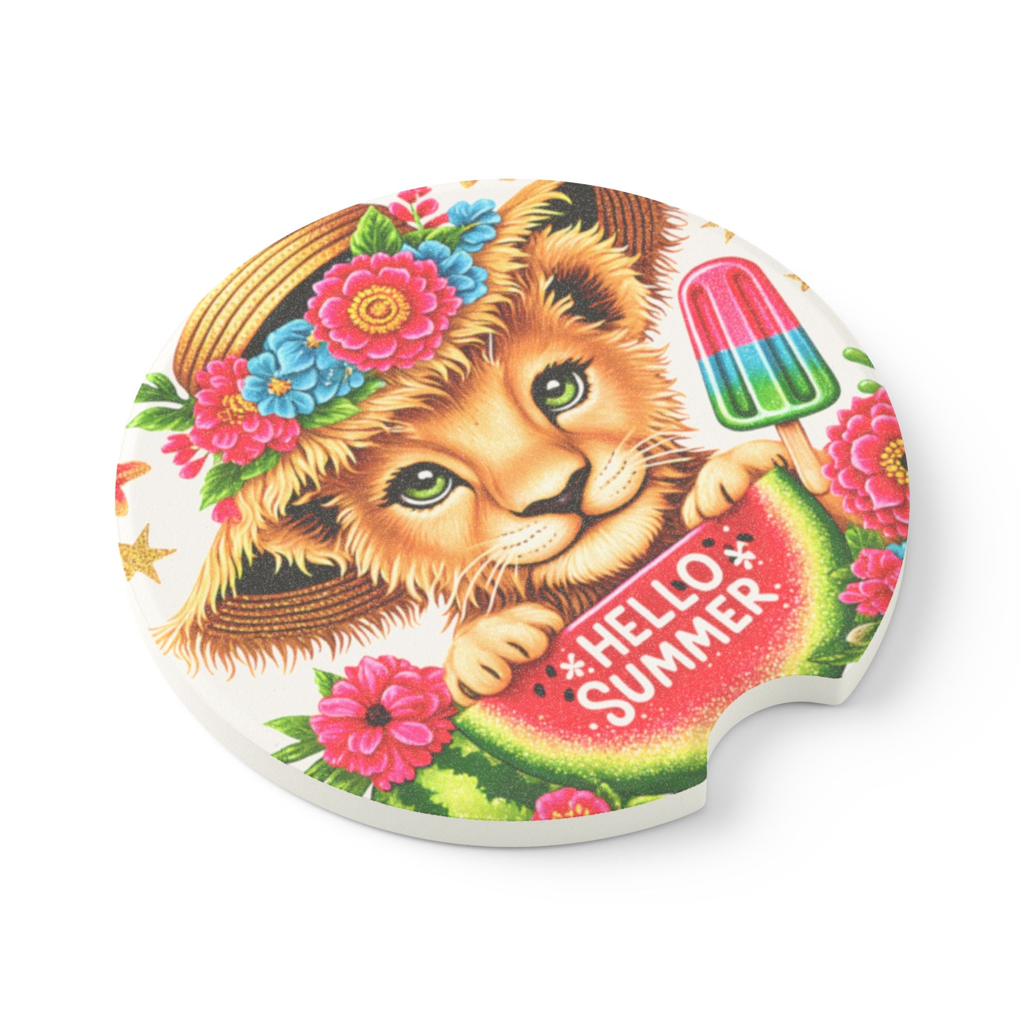 Soapstone Car Coaster — "Hello Summer" Cute Baby Lion Design