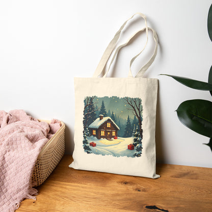 Winter House Cotton Canvas Tote Bag — Cozy Snowy Cottage Design