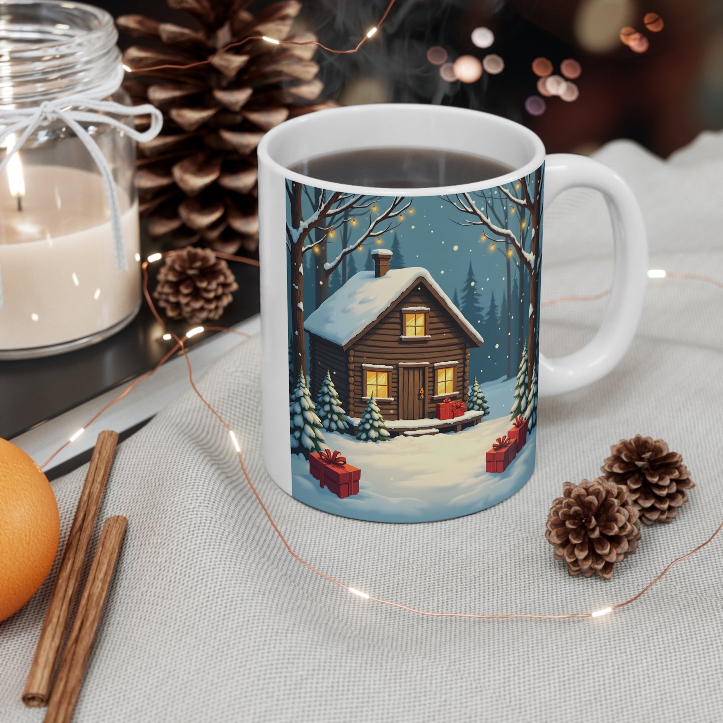 Winter House Ceramic Mug — Cozy Cottage Holiday Coffee Cup