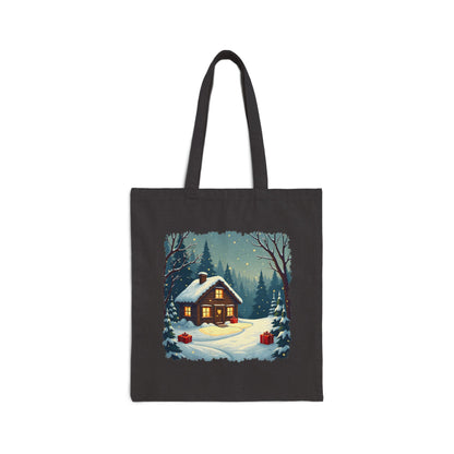 Winter House Cotton Canvas Tote Bag — Cozy Snowy Cottage Design