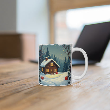 Winter House Ceramic Mug — 11oz Cozy Holiday Coffee Cup