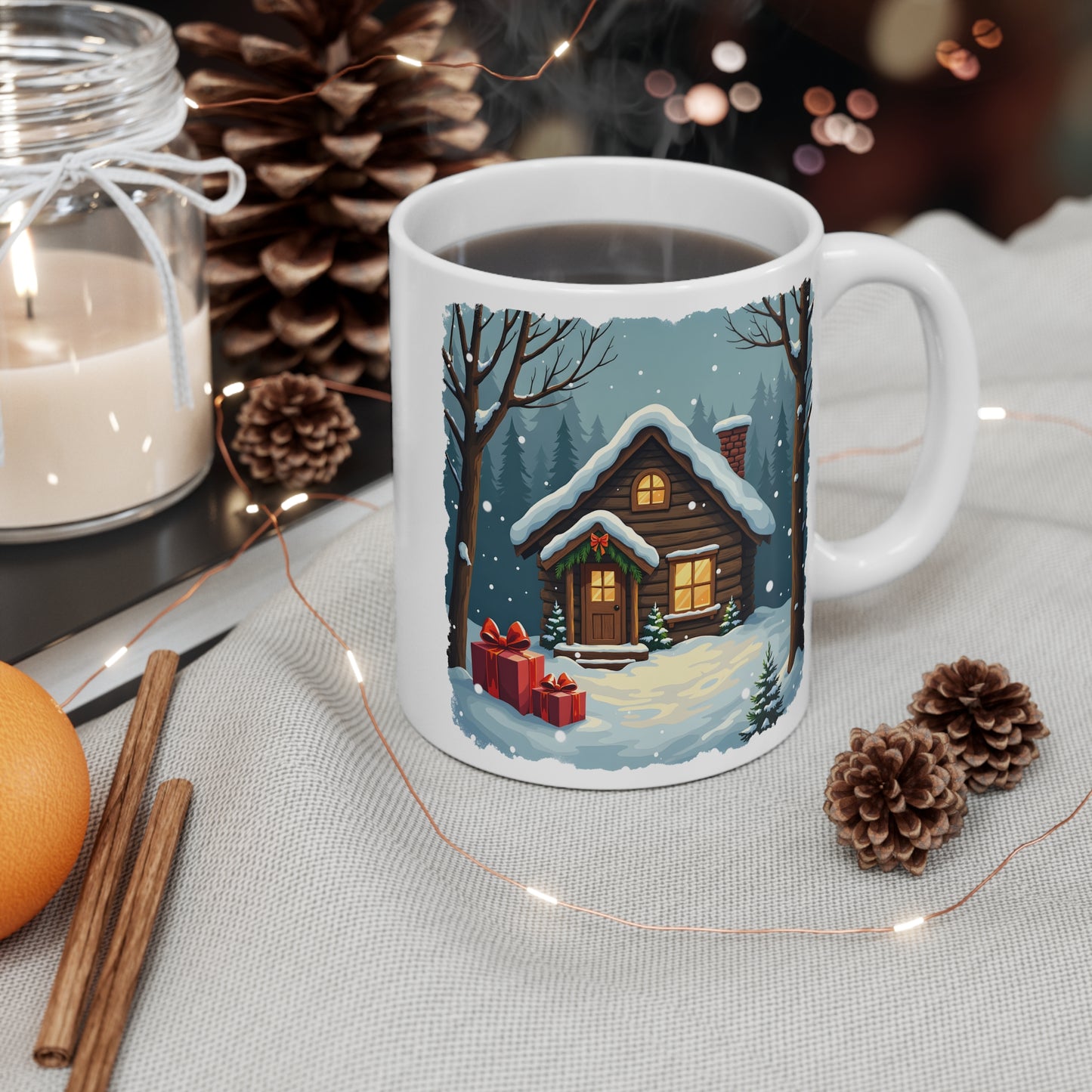 Winter House Ceramic Mug — Cozy Snowy Cabin 11oz Coffee Cup