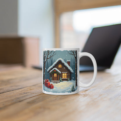Winter House Ceramic Mug — Cozy Snowy Cabin 11oz Coffee Cup