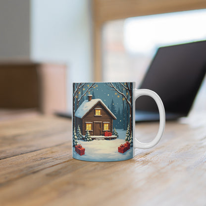 Winter House Ceramic Mug — Cozy Cottage Holiday Coffee Cup