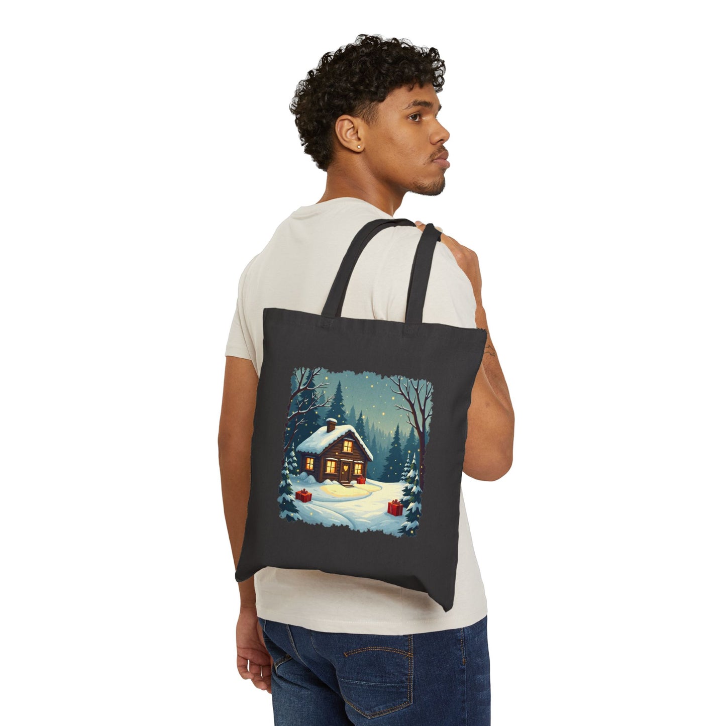 Winter House Cotton Canvas Tote Bag — Cozy Snowy Cottage Design