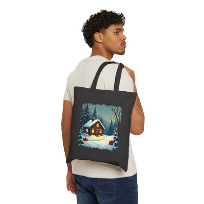 Winter House Cotton Canvas Tote Bag — Cozy Snowy Cottage Design