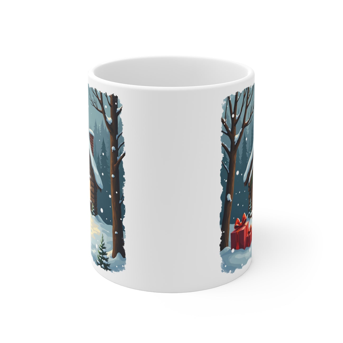 Winter House Ceramic Mug — Cozy Snowy Cabin 11oz Coffee Cup