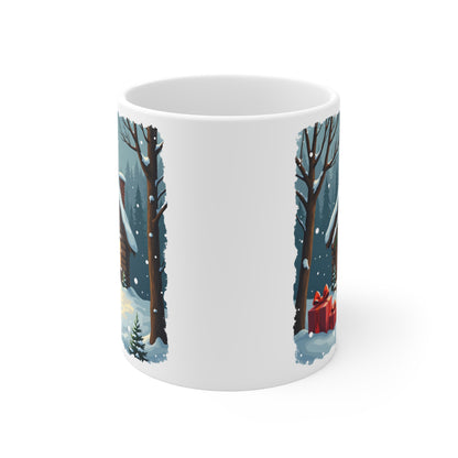 Winter House Ceramic Mug — Cozy Snowy Cabin 11oz Coffee Cup