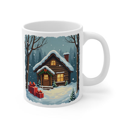 Winter House Ceramic Mug — Cozy Snowy Cabin 11oz Coffee Cup