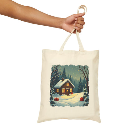 Winter House Cotton Canvas Tote Bag — Cozy Snowy Cottage Design