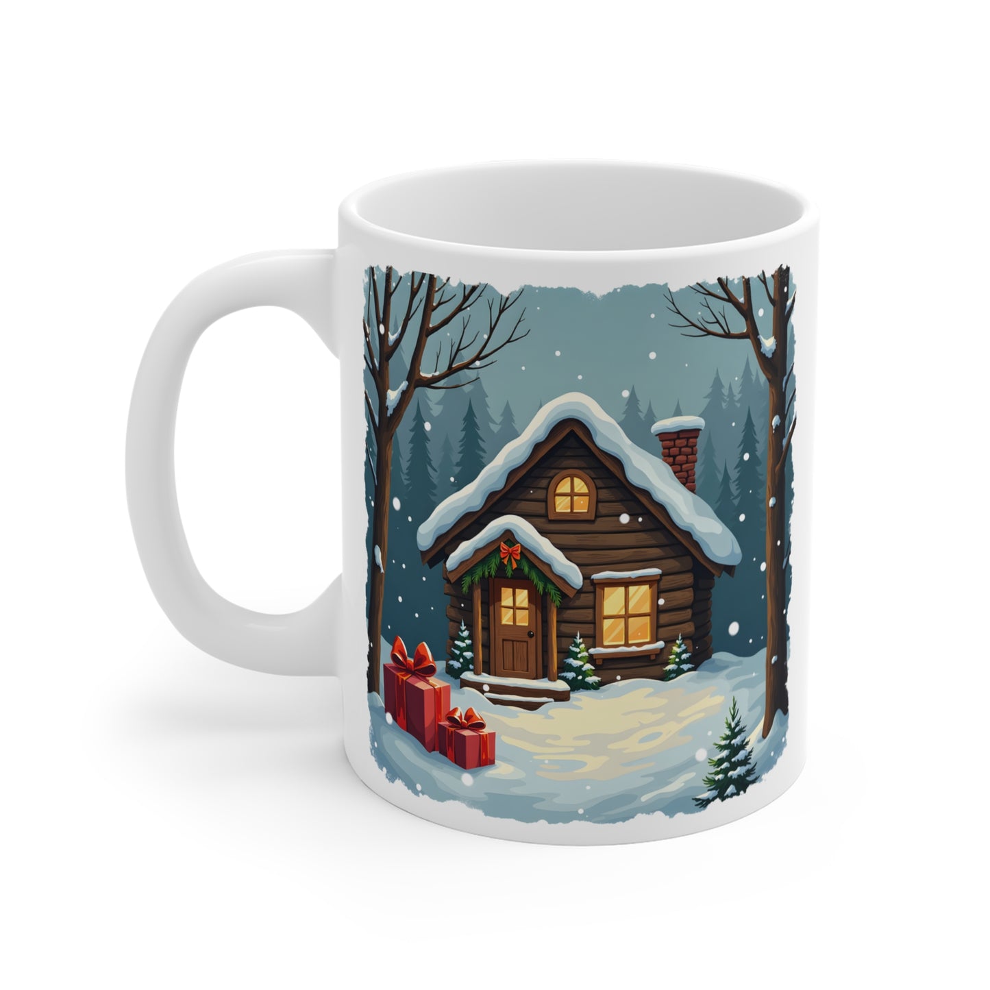 Winter House Ceramic Mug — Cozy Snowy Cabin 11oz Coffee Cup